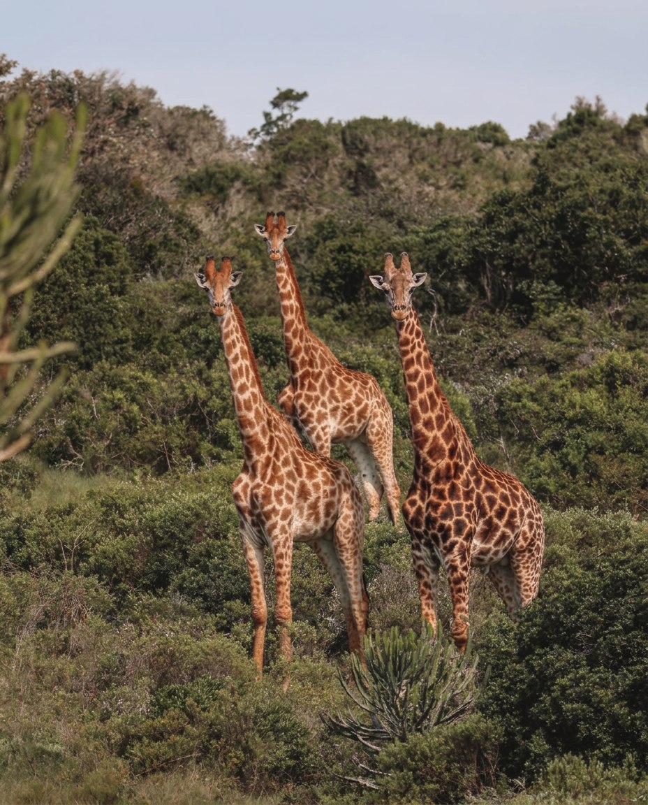 Three giraffe standing among the coastal bushes of the reserve