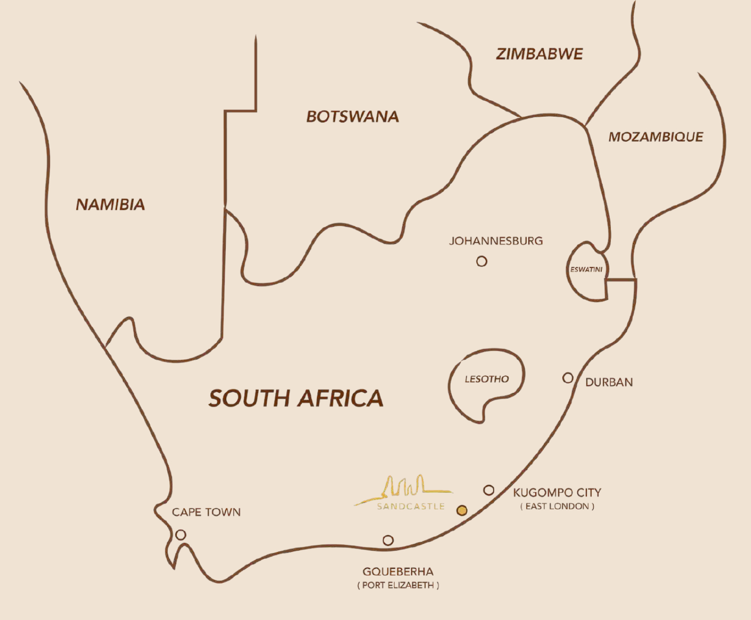 Map of South Africa marking Sandcastle on the Eastern Cape coast between Gqeberha and East London