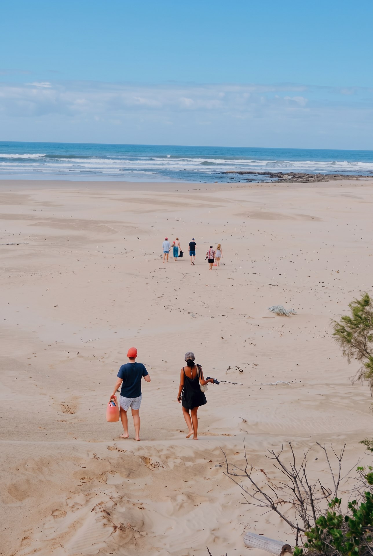 Three guests walking barefoot across the sand towards the ocean