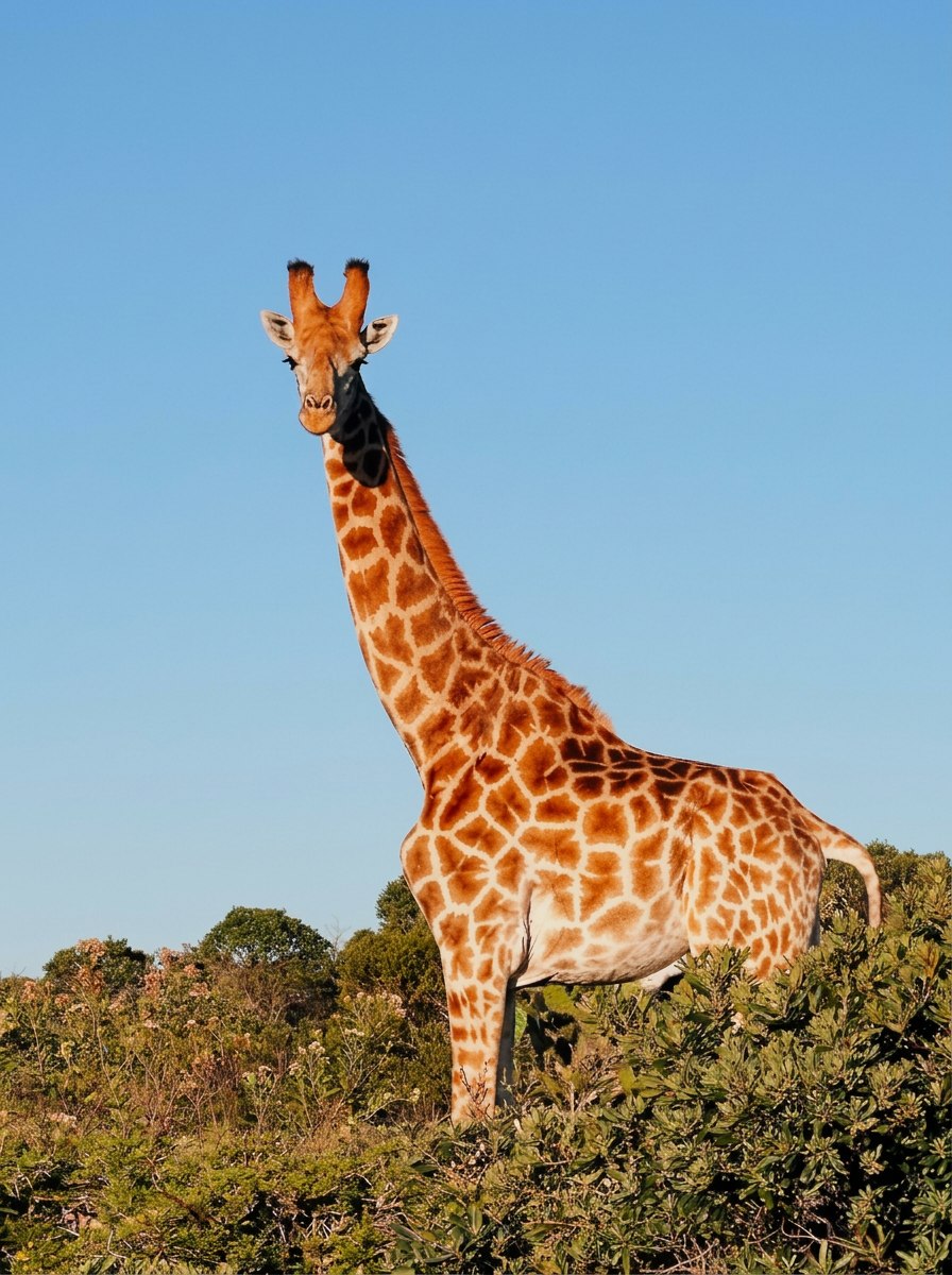 A giraffe standing above the shrubs with its head turned towards the viewer, clear blue sky behind